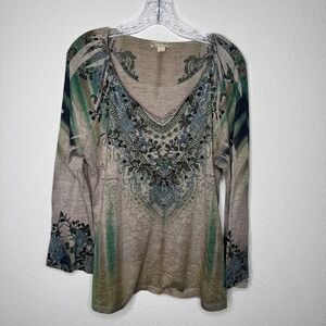 Energe World Wear Women's Size 1X Embellished V Neck Long Sleeve Top Green Beige